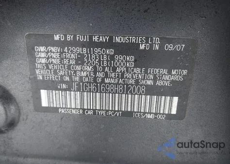 2008 Subaru Impreza 2.5I from USA, damaged, VIN JF1GH61698H812008